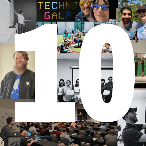 A big number 10 over a collage of various Techlahoma related images.